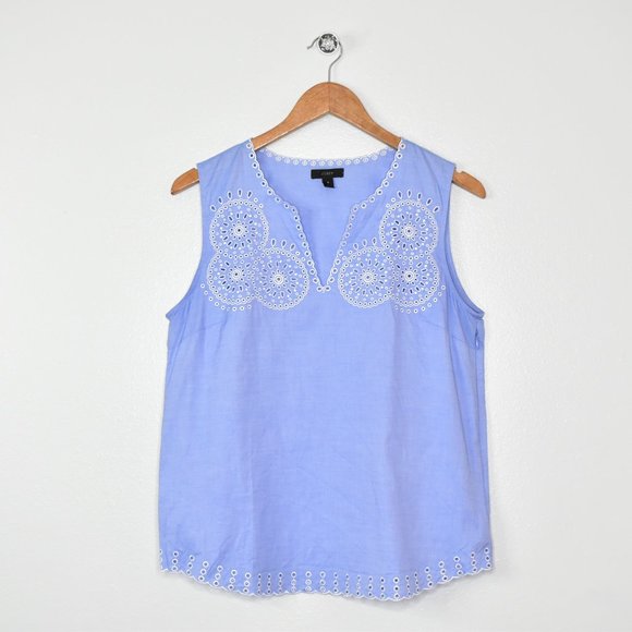 J. Crew Blue White Embroidered Eyelet Sleeveless Chambray Top Size 6 - Picture 7 of 15
